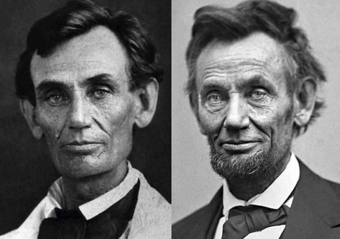 1861年与1865年的亚伯拉罕·林肯。在战争的背景下，这四年间他容貌的沧桑巨变令人瞩目。