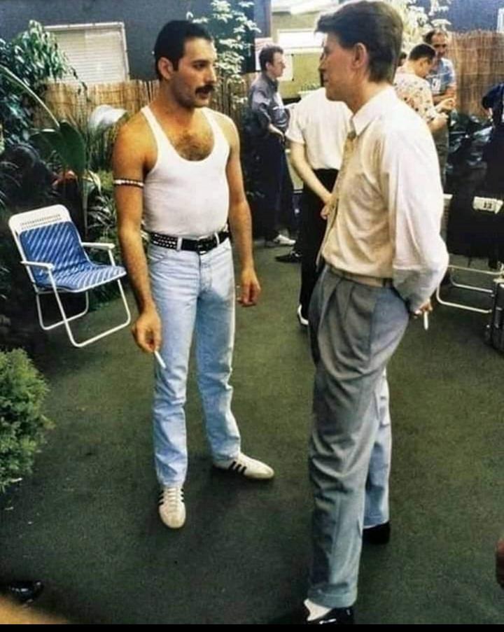 1985年“Live Aid”演唱会上的弗雷迪·莫库里与大卫·鲍伊