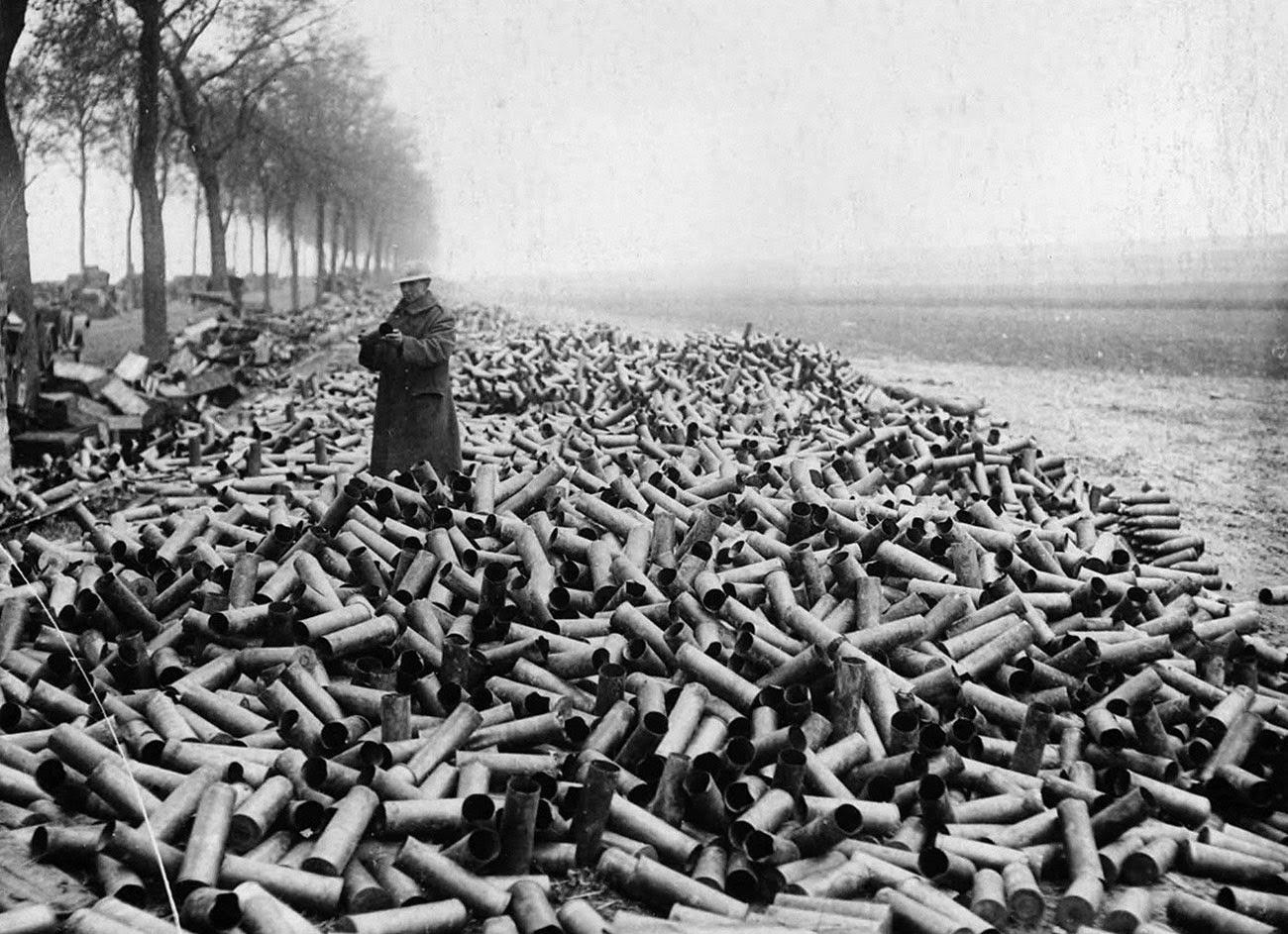 105mm shells from an allied bombardment all fired in a single day on German lines, 1916. [1300 × 943]