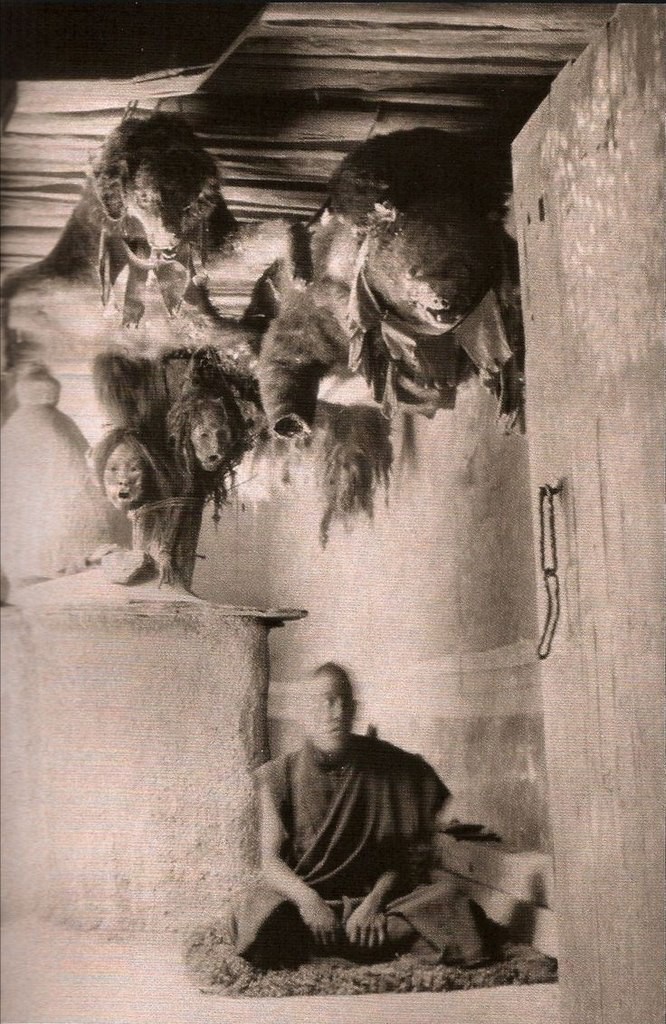静修室里的动物标本和干制人头，西藏，1920年代