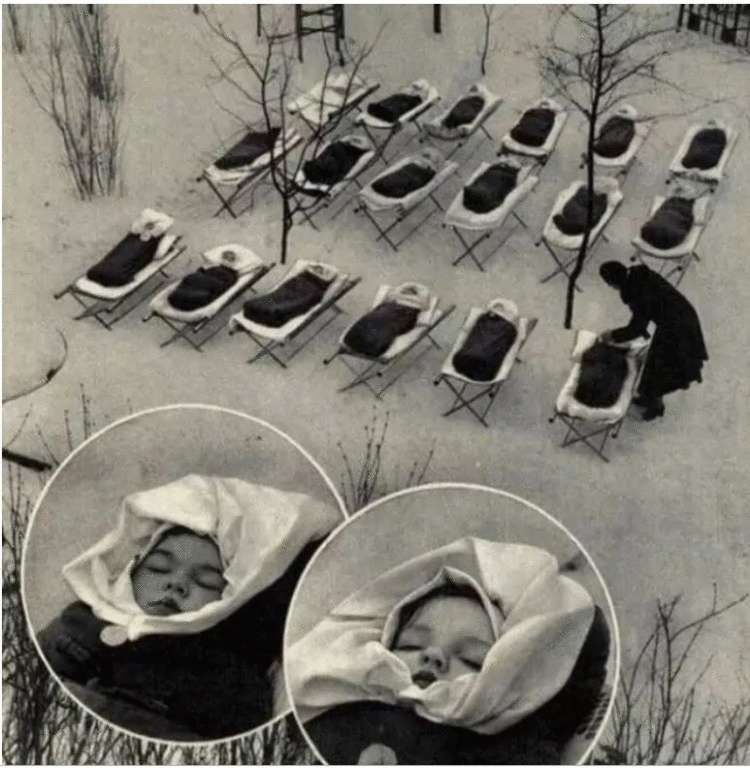 莫斯科1958年：让婴儿在户外睡觉以增强免疫系统 [750 x 768]