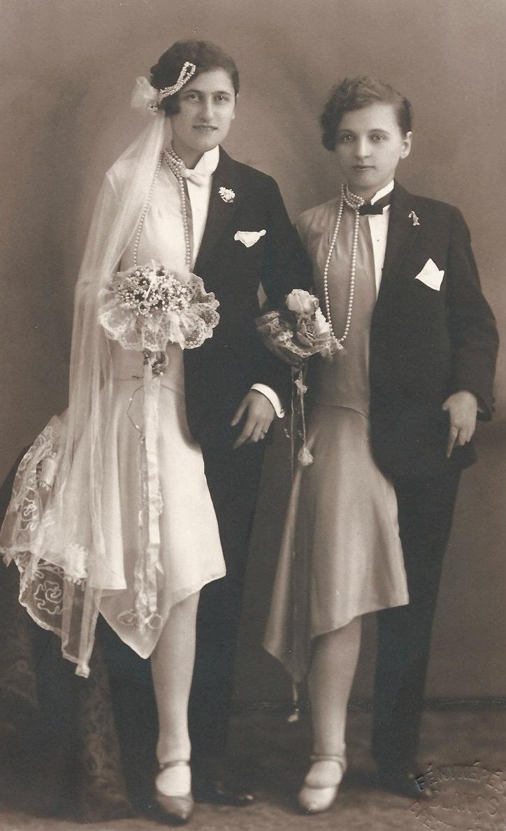Atelier photo: "A lesbian Couple in semi drag wedding attire"; Kingdom of Hungary - Budapest, 1920 [742x1187]
