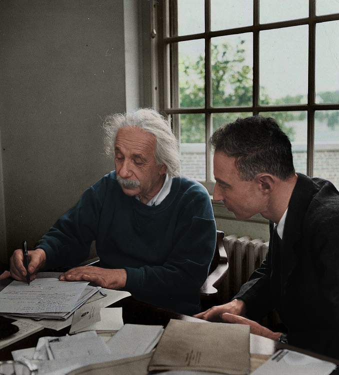 [Colorized] J. Robert Oppenheimer and Albert Einstein, 1947 [678x750]
