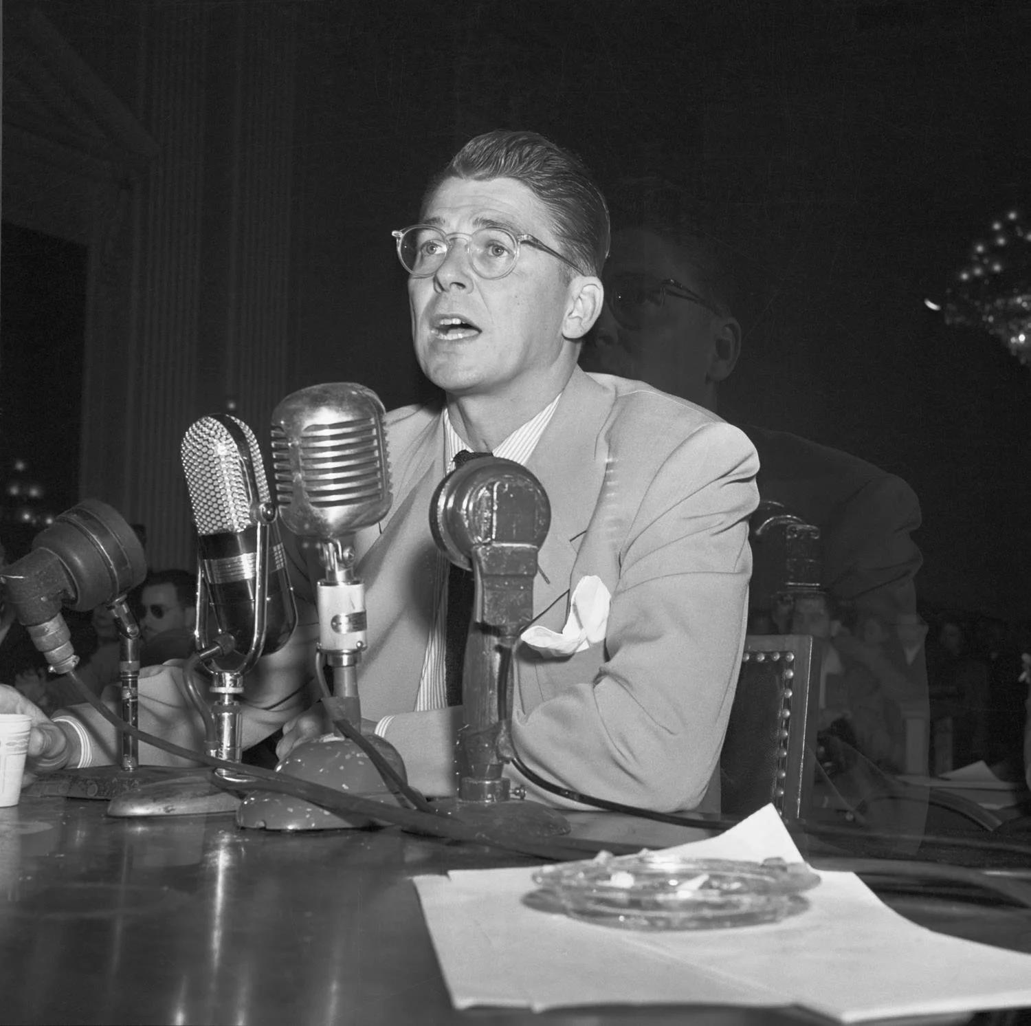 FBI informant Ronald Reagan testifies against fellow actors before House Un-American Activities Committee. 1947 [1500x1492]